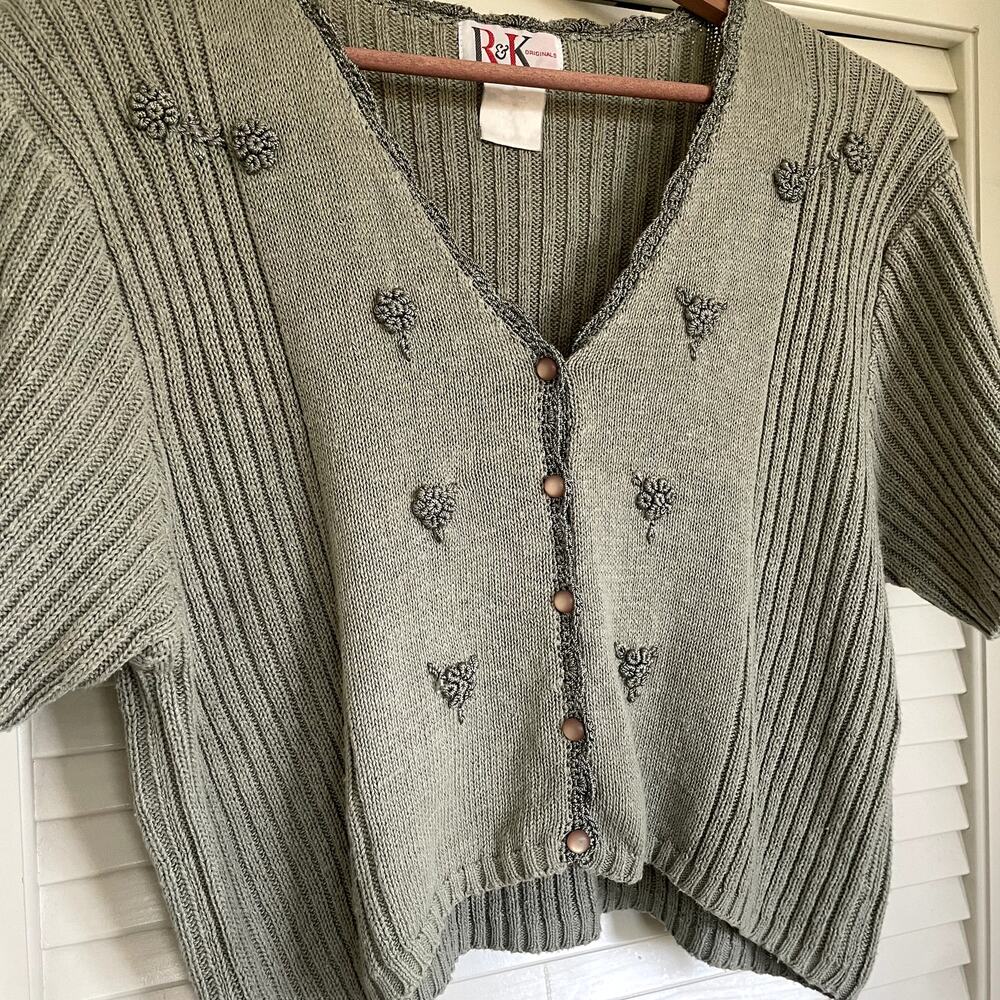 VTG 90s Sage Green Dainty Embroidered Knit Cardigan S/M Fairycore Cottagecore - Picture 4 of 6